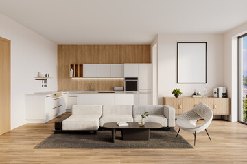 Modern Living Room and Kitchen Interior with Vertical Frame Above Sideboard for Poster Mockup