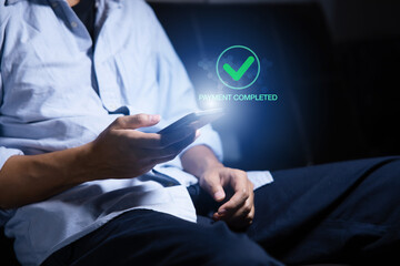 Digital banking network, internet payment, financial technology or FinTech concept. Businessman using smartphone with icons on virtual screen, online shopping and payment via mobile banking apps 