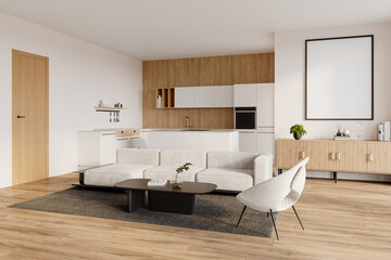 Interior Mockup with Large Vertical Frame Above Cabinet in Cozy Kitchen and Living Room Setup