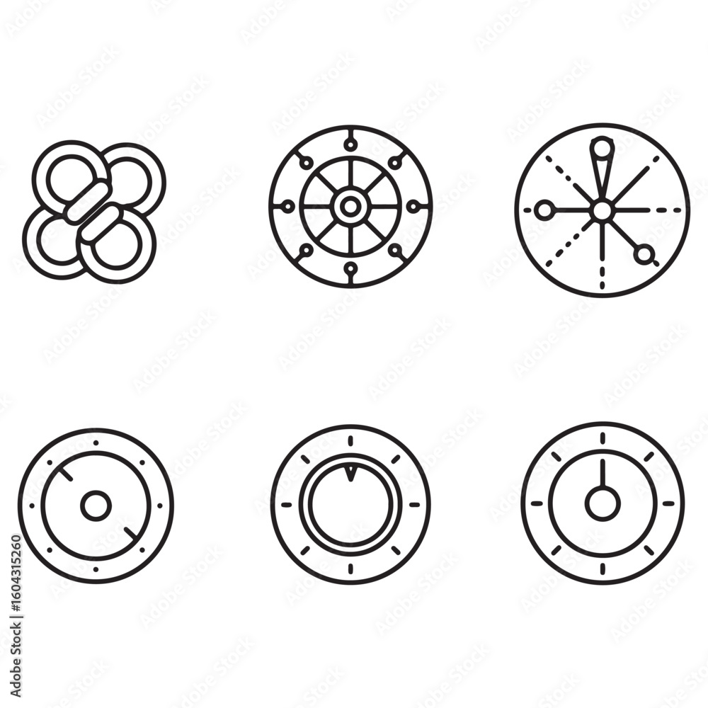 Poster set of six simple circular icons representing various design elements and concepts