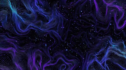 A close-up of an abstract digital pattern with neon purple and blue swirls on a black background, resembling glowing constellations in space