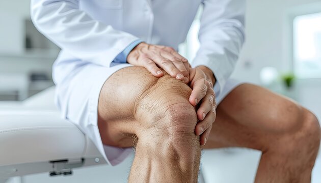 Doctor examines patient's knee, highlighting joint pain or discomfort. - Powered by Adobe