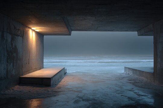 Concrete shelter overlooking a snowy beach at twilight