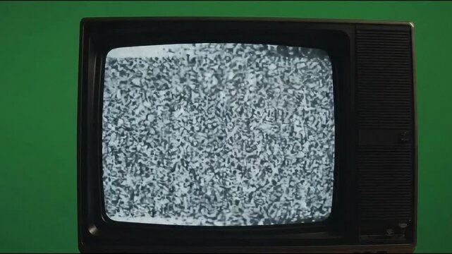 Old television with static noise and glitch screen against the green screen background
