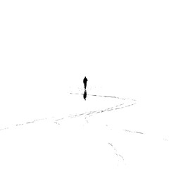 Lonely Man Walking on Snowy Landscape