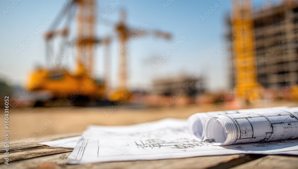 Poster construction blueprints rest on a weathered wooden with towering cranes and a building under develop