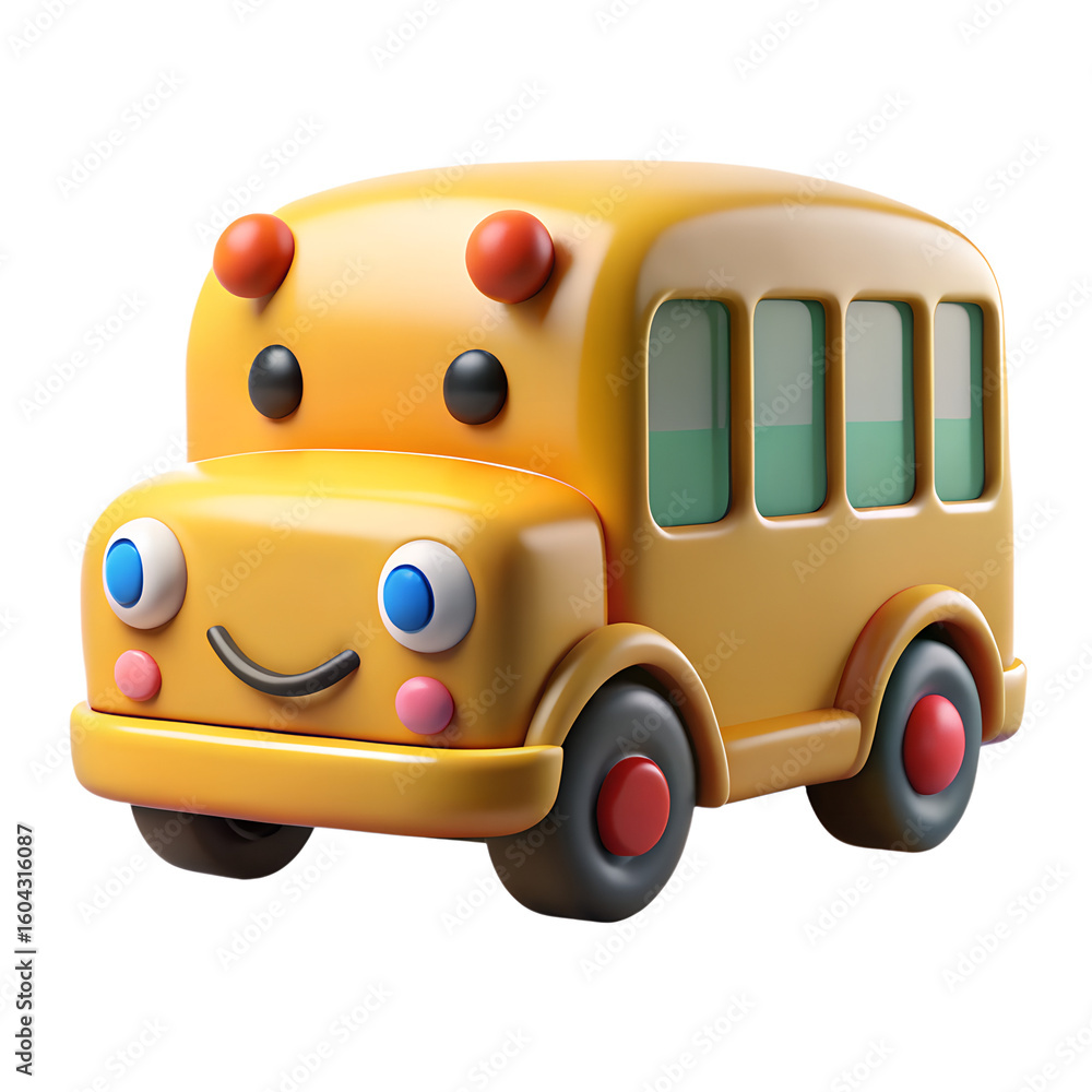 Poster a cheerful yellow school bus with a smiling face in a 3d render isolated on transparent background