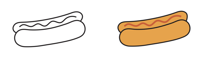 Hot Dog Icon Set – Minimal Line and Colored Fast Food Sausage Illustration