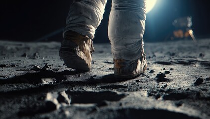 Close-up astronaut's feet walking on moon surface