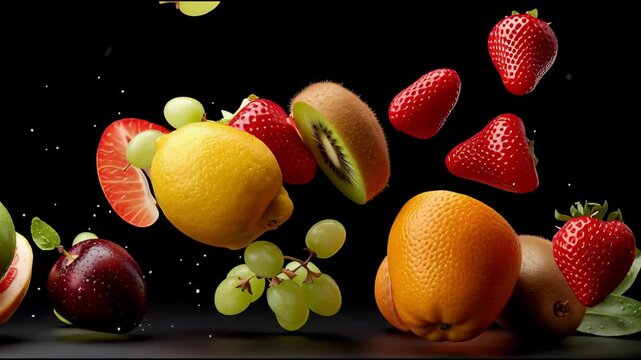 Fresh colorful fruit assortment floating on black background with juicy strawberry orange lemon grape kiwi and apple vibrant textures creating lively appetizing healthy food scene