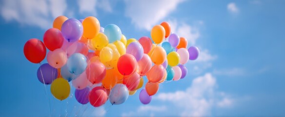 The vibrant assortment of balloons floating in a clear blue sky.