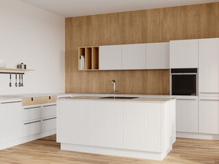 Contemporary Kitchen Scene Featuring Light Wood Accent Wall and White Panel Cabinets