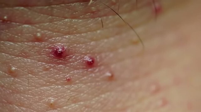 Skin condition with small red bumps and white pustules seen