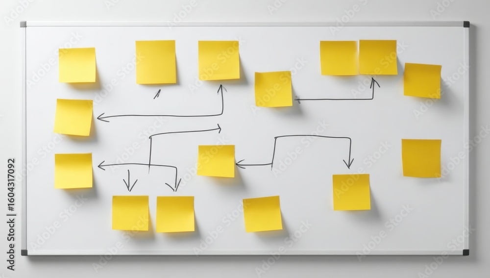 Poster creative brainstorming session visualized with yellow sticky notes and hand-drawn arrows on a whiteb