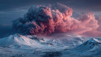 Volcanic eruption over snow-capped mountains at dawn