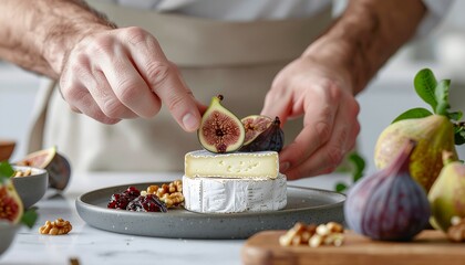 chef is arranging a cheese platter, placing a fig on a stack of cheese, with walnuts and jam surrounding it.