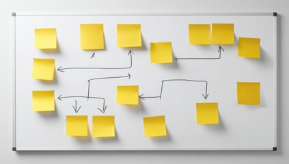 Creative brainstorming session visualized with yellow sticky notes and hand-drawn arrows on a whiteboard showcasing project planning and workflow.