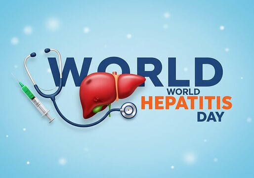 World hepatitis day awareness campaign featuring a stylized liver stethoscope and syringe on a blue gradient background - Powered by Adobe