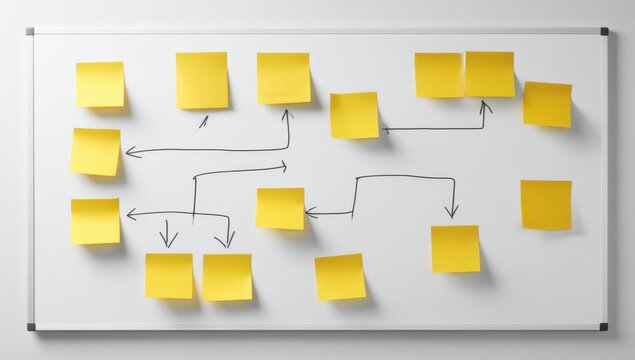 Creative brainstorming session visualized with yellow sticky notes and hand-drawn arrows on a whiteboard showcasing project planning and workflow. - Powered by Adobe