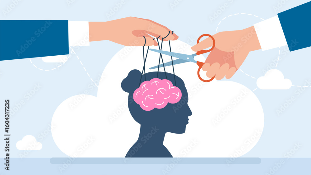 Poster freedom from manipulation, propaganda, puppeteer. puppet master controlling woman mind. puppeteer lo