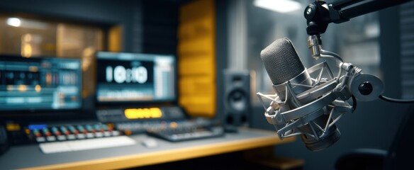The microphone in a professional audio recording studio environment showcasing modern equipment.