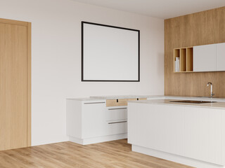 Kitchen Interior with Square Framed Poster Mockup Above White Cabinets and Wood Wall Paneling
