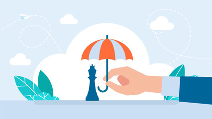 Chess King. Chess piece, umbrella, businessman. Concept of protecting business strategy. Concept of Insurance protecting business strategy. Vector illustration