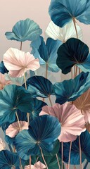 Large, colorful leaves in pastel and teal tones