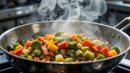 Colorful Vegetable Medley Stir-Frying in a Hot Stainless Steel Pan with Steam