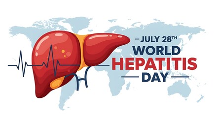World hepatitis day on july 28th featuring a stylized human liver with a heartbeat line against a world map background