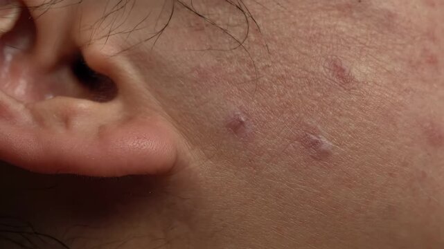 Close up of skin with acne and blemishes near the ear area