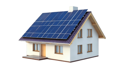 Modern Solar Panel System Installed on Residential Home Roof Isolated on White Background