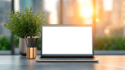 modern laptop with blank screen on a table in a smart city office setting with blurred background