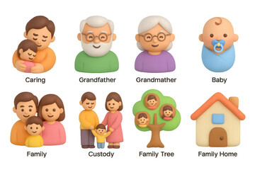 Multigenerational family icons in 3d cartoon style