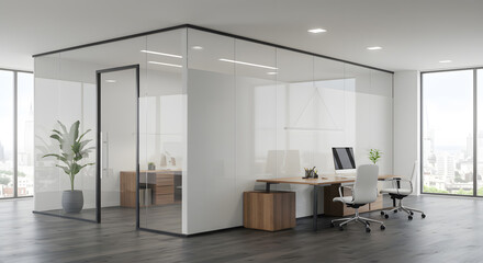 Side view on modern open space office with two isolated by glass walls workplaces. 3D rendering