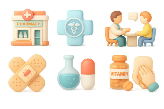 Colorful healthcare icons set with pharmacy and medical elements in 3d design - Powered by Adobe