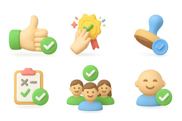 3d approval icons: thumbs up, check marks, badge, stamp, consensus, happy face