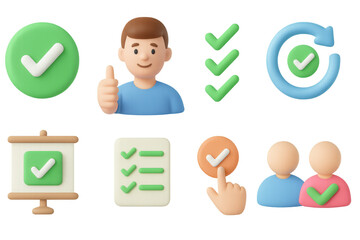 3d style icons: validation, checking, and user interaction elements