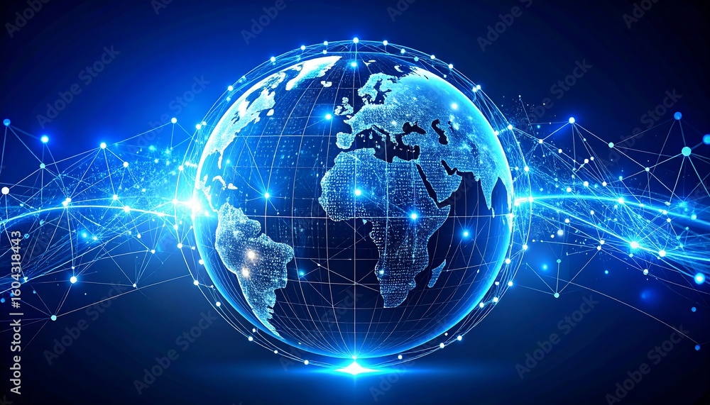 Poster blue digital globe with glowing network connections, symbolizing global data and technology.