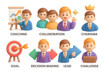 Business skills concept design featuring coaching, collaboration, and leadership icons