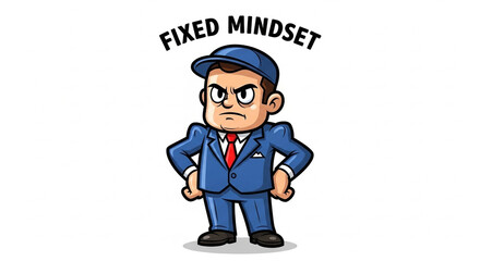 Cartoon man in suit cap arms akimbo scowling under FIXED MINDSET text