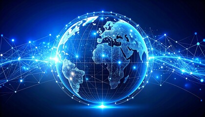 Obraz premium Blue digital globe with glowing network connections, symbolizing global data and technology.