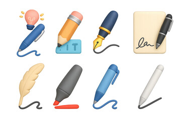 Modern 3d glowing writing tools collection with dynamic colors
