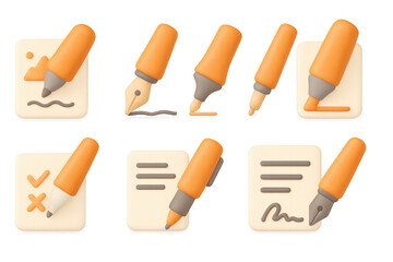 3d icon set of highlighter and pen over notepad illustrating various design elements
