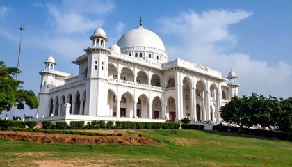 Fototapeta premium White mosque on a grassy hill under a partly cloudy sky
