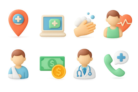 Healthcare icons in modern 3d style featuring medical professionals and health essentials