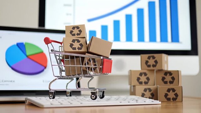 Shopping Cart Full of Recycle Boxes with Rising Graph and a Laptop with Pie Chart on a Wood Desk and a Computer Monitor in Background