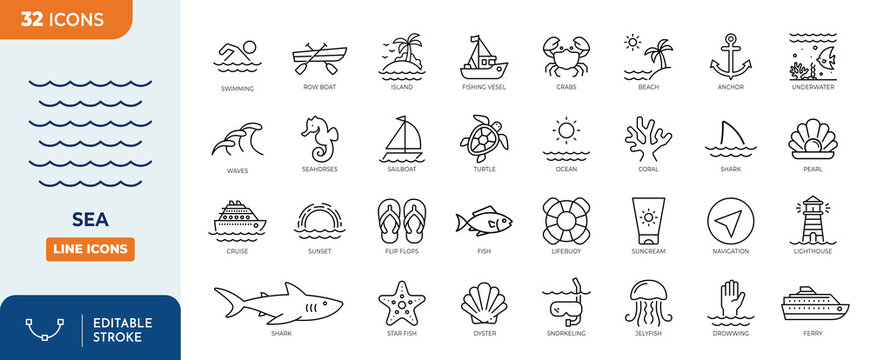 Sea line editable icon set. summer vacation icon set. Contain icons related to Tourism symbol, Outdoor activities, marine life, and more. Editable stroke. Vector illustration