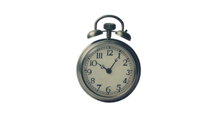 Vintage alarm clock displays time in a classic design with metal casing and white face, emphasizing a timeless sense of nostalgia and functionality on transparent background
