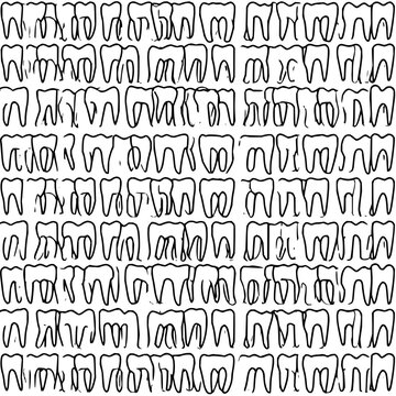 Doodle style teeth pattern with black outlines on a white background creating a dental themed design